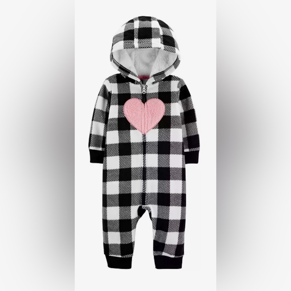 Valentine Heart Fleece Pajamas sleeper black white checks Infant Baby 6 M PJs